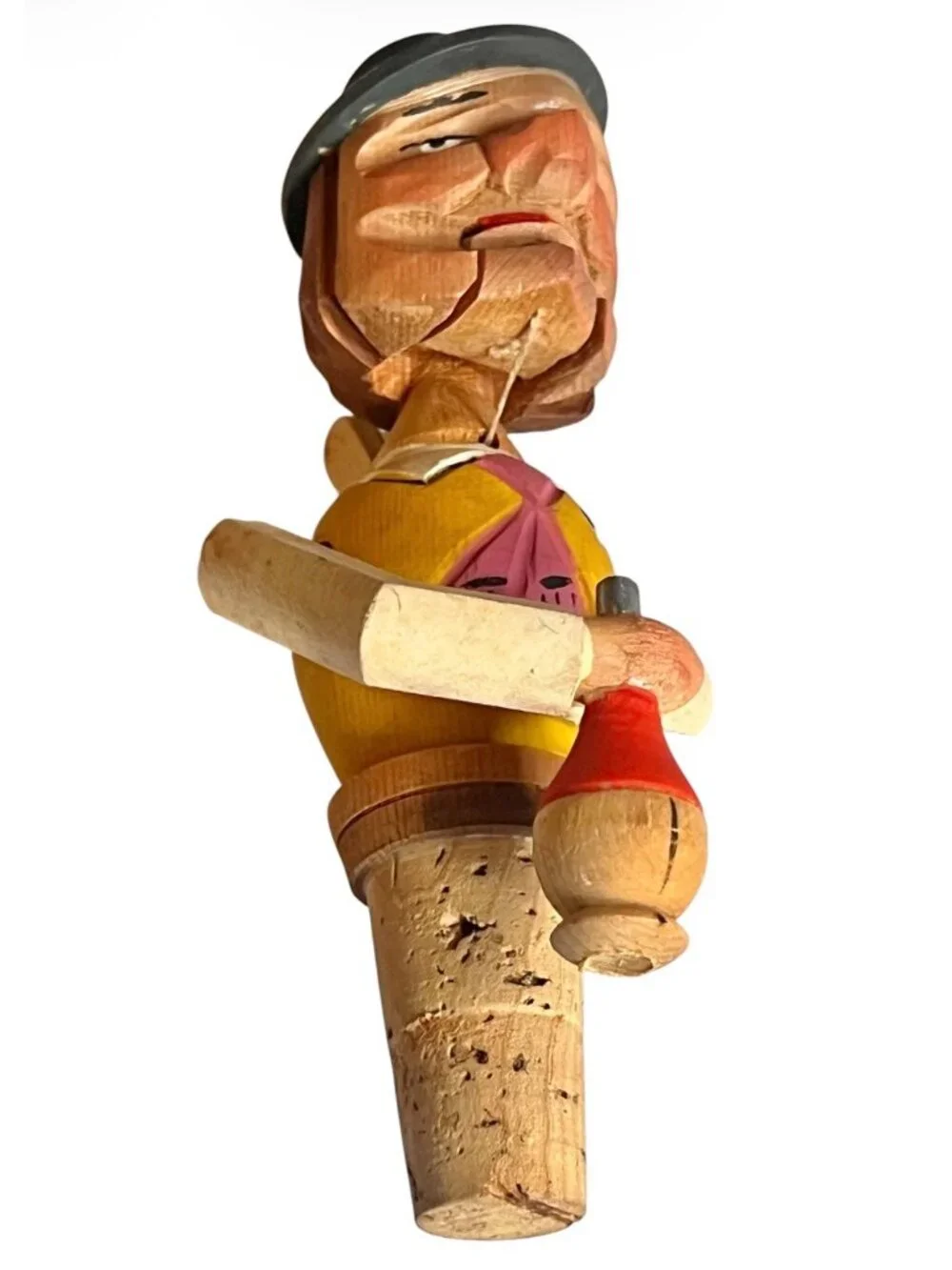 Hand-Carved Wooden Bottle Stopper w/ Articulated Man with Wine Flask German